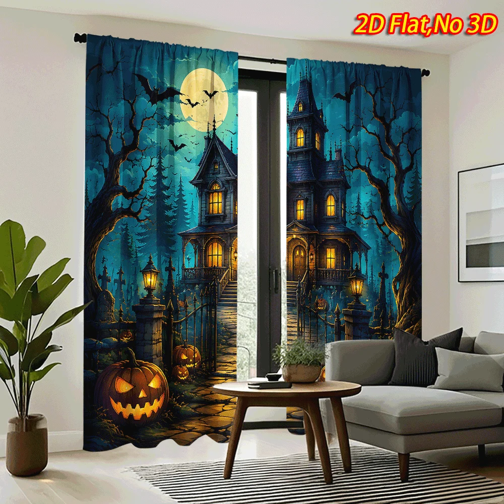 Spooky Halloween Curtain Panels, Creepy Haunted Manor Jack‑o‑lantern Flying Bats Big Moon Scene Print Drapes for Living Room