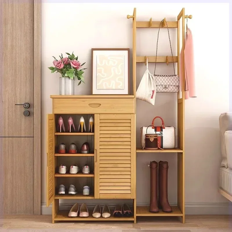 Exquisite Multi-functional Nanzhu Shoe Cabinet Full Bamboo Shoe Cabinet Coat Rack Integrated Entrance Cabinet Multi-function