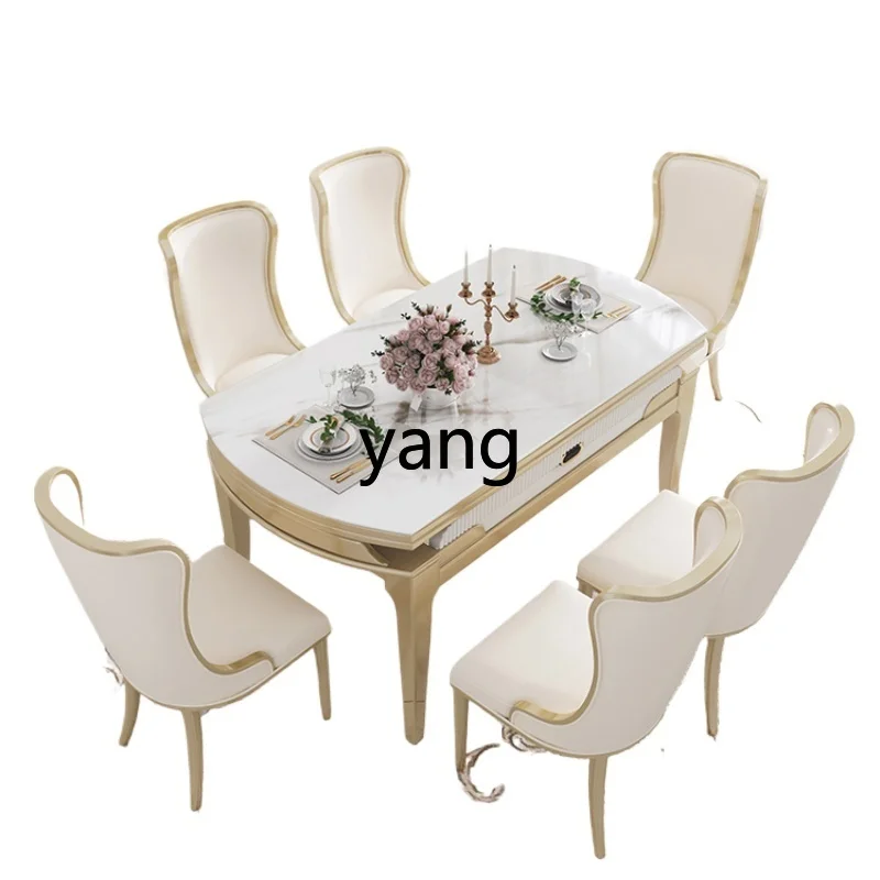 

LH light luxury rock slab dining table square and round dual-purpose retractable folding solid wood cream wind