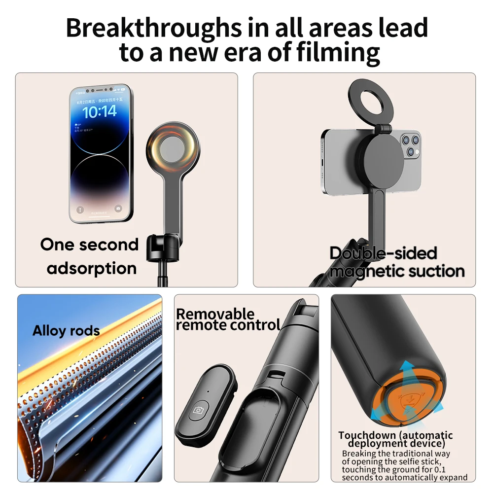 

Magnetic Portable Tripod Selfie Stick with Bluetooth Remote Control, 360 Degree Rotation, Smartphone Holder Suitable shooting