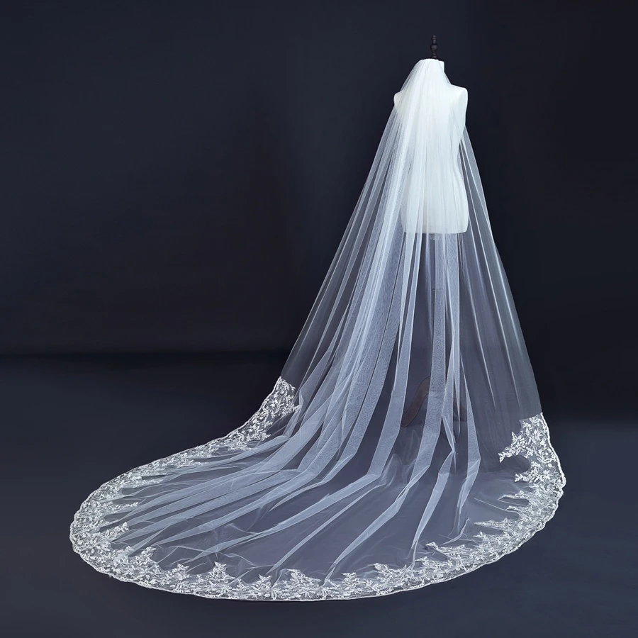 الجملة 3 متر كاتدرائية حجاب الزفاف الدانتيل يزين طرحة الزفاف Vestidos de novia العروس اكسسوارات الزفاف الفوال دي mariée