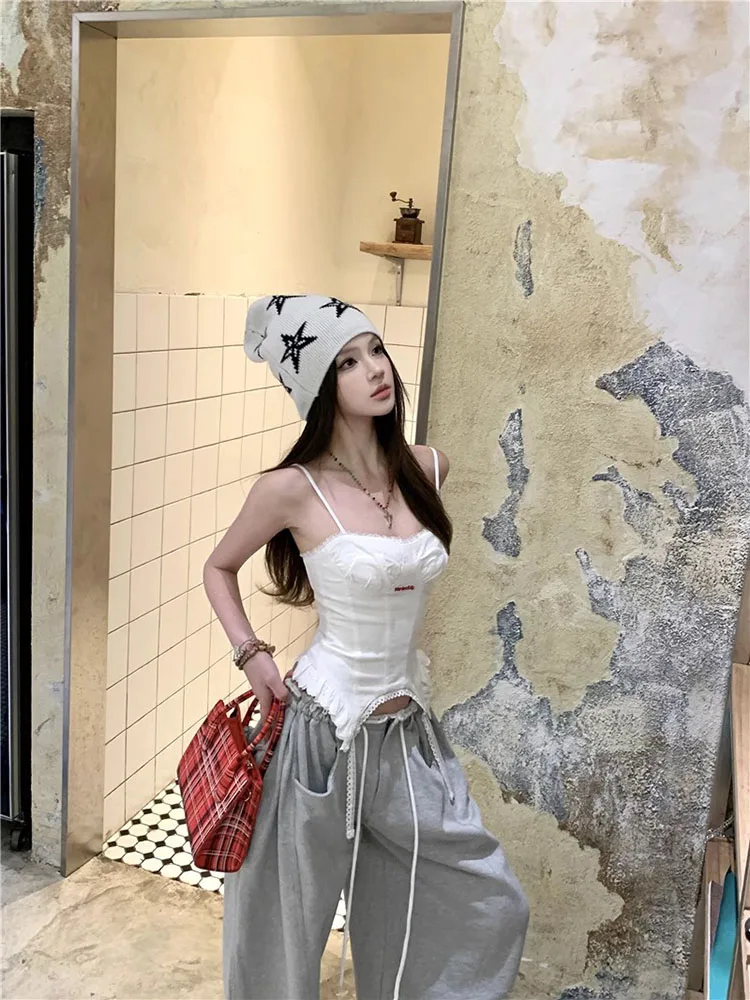 Koreanische Sle Faion Set Frauen Sommer 2025, Neue Unregelmäßige Riemen und Breite Bein Hosen Zwei Stück Set Chic Ele Lange Hosen