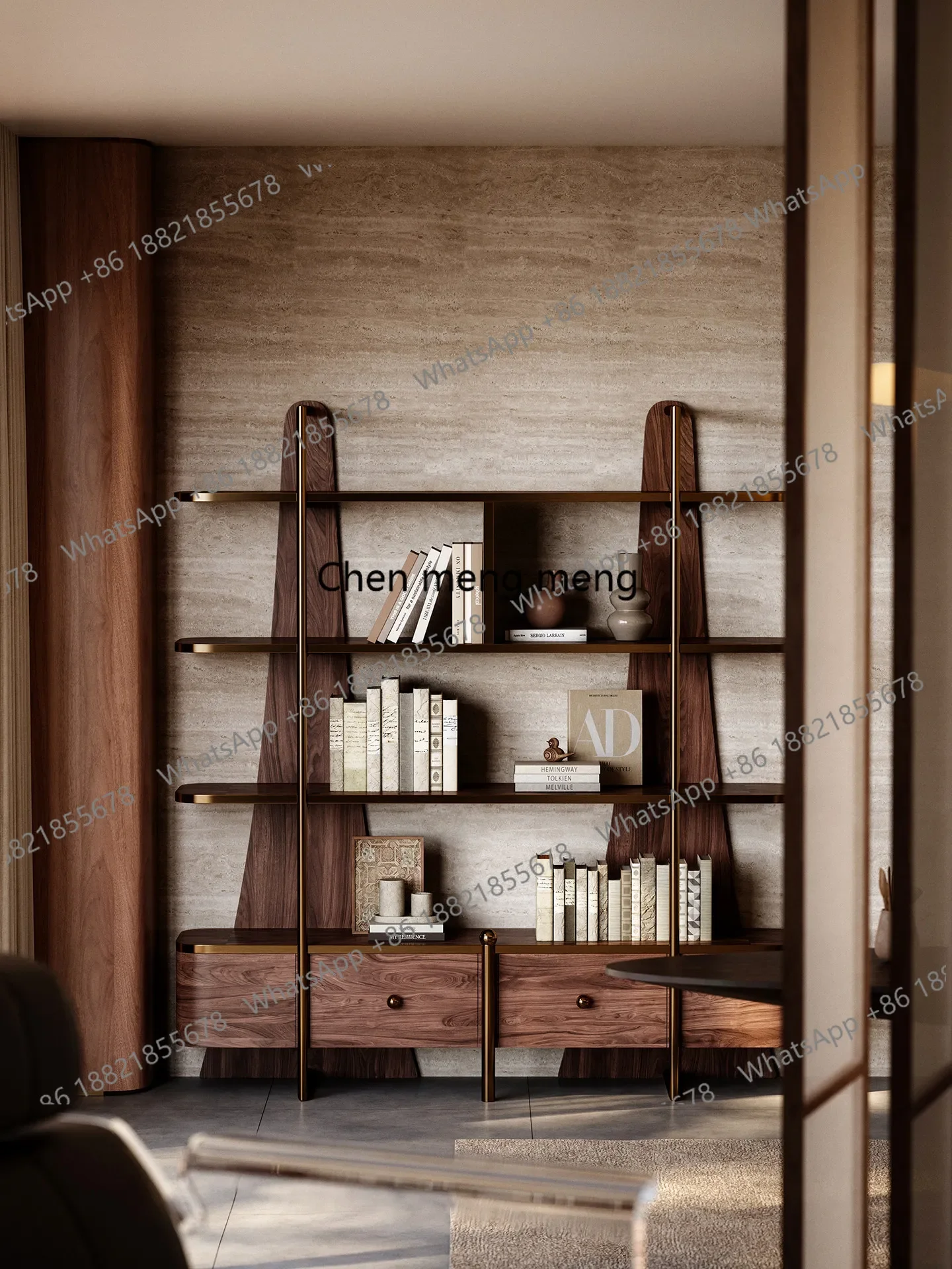A74Italian solid wood bookshelf floor shelf, new haute couture study integrated wall bookshelf