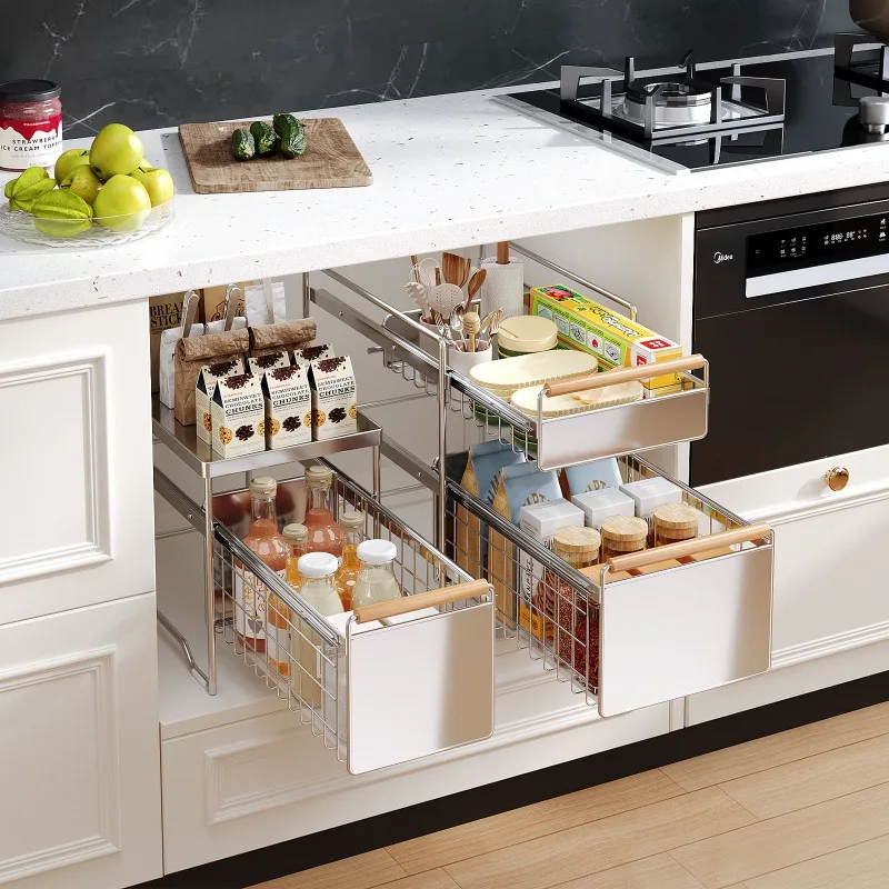 

Stainless Steel Drawer Basket Pull-Out Organizer for Dishes & Spices Multi-Layer Kitchen Cabinet Under Sink Sliding Storage Rack