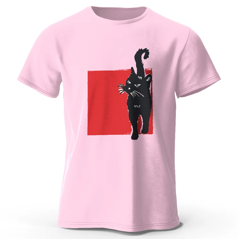 Handgezeichnetes T-Shirt mit Katzenillustrationsdruck aus 100 % Baumwolle, weiches und atmungsaktives Rundhals-Kurzarm-T-Shirt, unisex-künstlerischer Stil