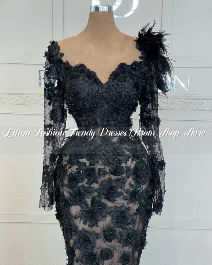 Black Mother of the Bride Dress Fantasy 3D Floral Embroidered Tulle Long Sleeve Women's Birthday Party Custom فساتين سهرات