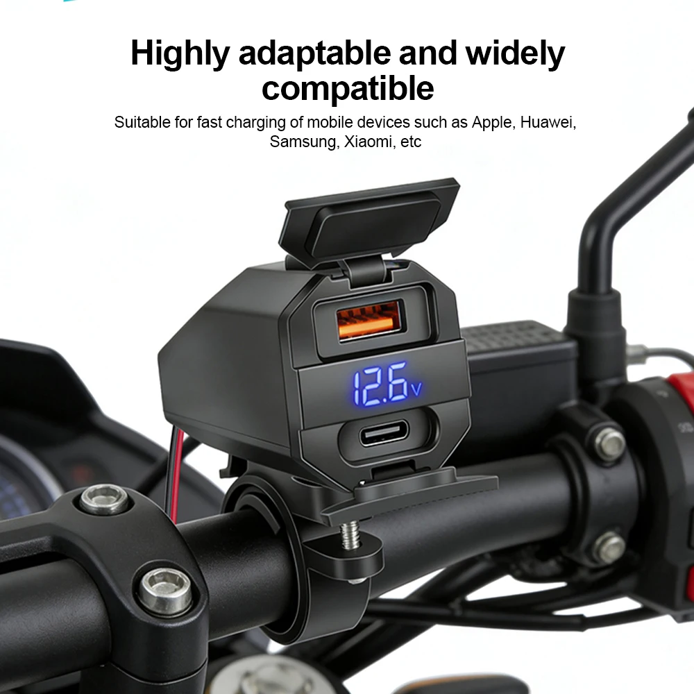 100W Motorcycle USB Phone Fast Charger Two-Way Charging USB Type-C Moto Battery Emergency Charger Voltmeter 2 Ways Installation