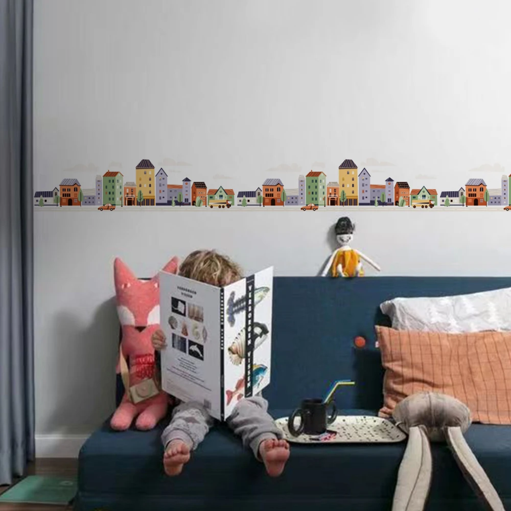 Nursery Wall Stckers Car Buildings Wall Border Children Wallpaper Baby\'s Room Girls Kids Boys Bedroom Home Decor Waterproof