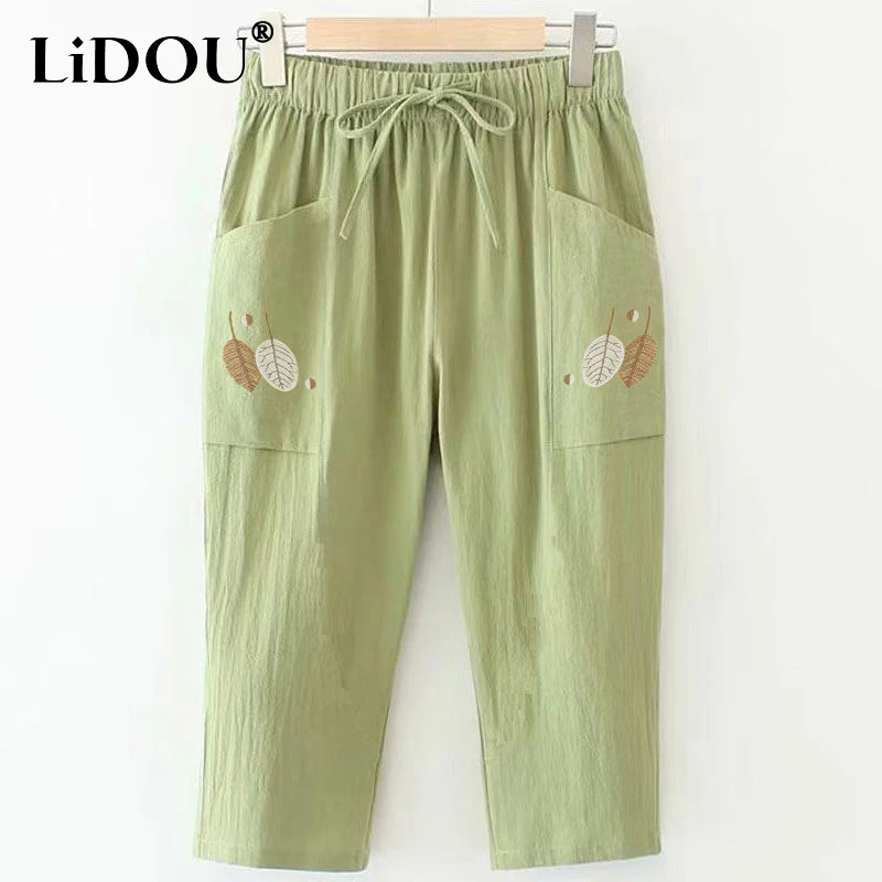 2023 Summer New Solid Color Embroidered Cotton Pants Women Elastic Waist Pockets Loose Comfortable Elegant Chic Straight Trouser