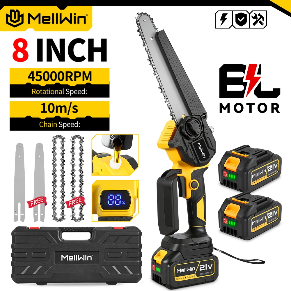 MELLWIN Bürstenlose 8-Zoll-Elektrokettensäge mit automatischer Ölschmierung, Gartensäge, Holzsäge, Werkzeug für Makita 18V Akku