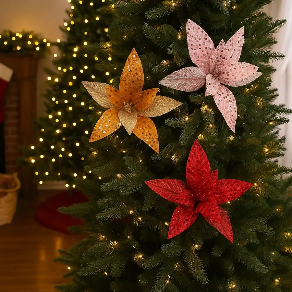 

25cm Christmas Artificial Flowers Sequin Mesh Realistic Poinsettia Flower Decorative Hanging Simulation Glitter Flower