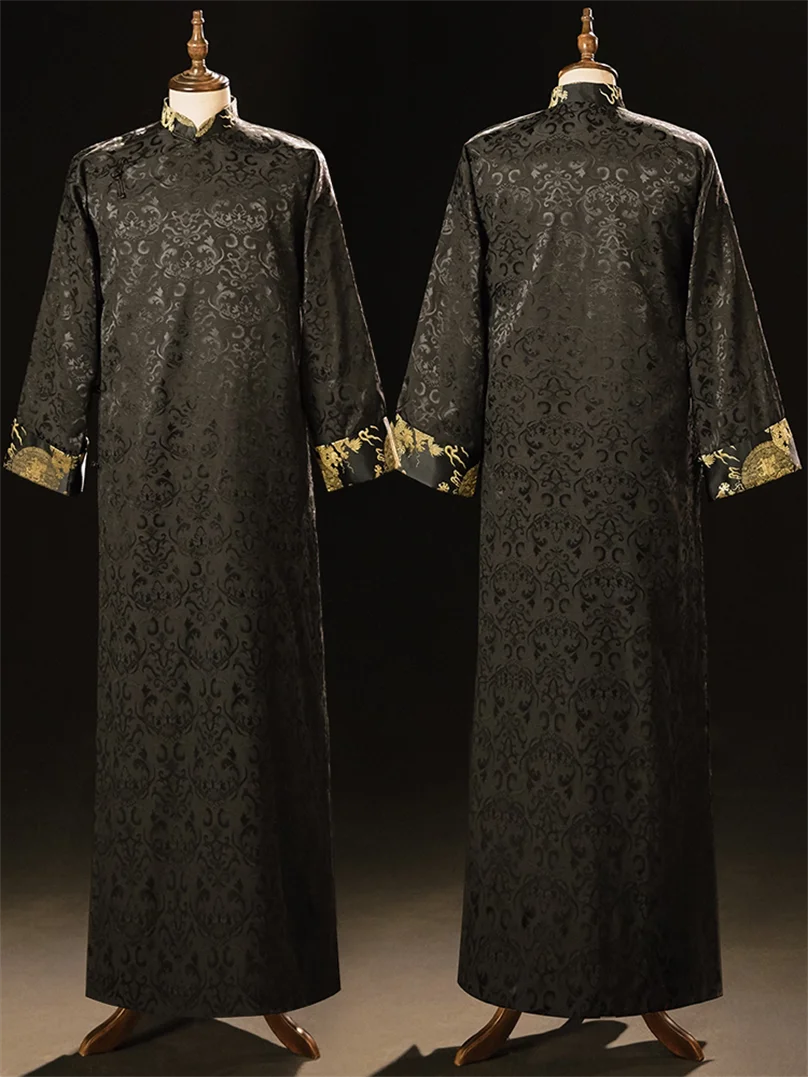 

Best Man Costume Chinese Trend Wedding Brother Tang Robe Spring Mandarin Traditional Casual Black Gown in OrientTown TP102