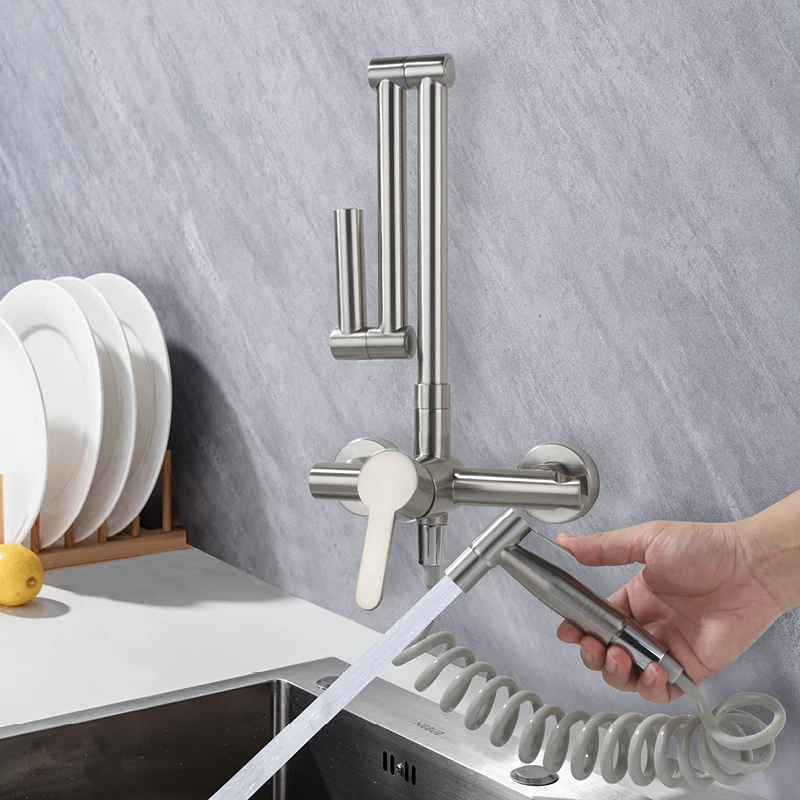 صنبور مطبخ مثبت على الحائط مع بخاخ يدوي بفتحة مزدوجة قابل للدوران 360 درجة ° صنبور حوض المطبخ القابل للطي بمقبض واحد، صنبور خلاط ساخن وبارد #1