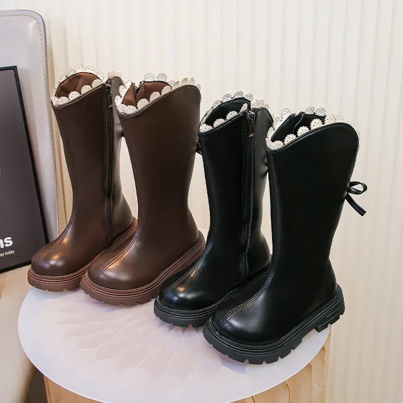 new Fall Winter Girls High-top Soft-soled PU Leather Boots Anti-slip Warm Lace Long Boots children Comfortable Kids Riding Boots