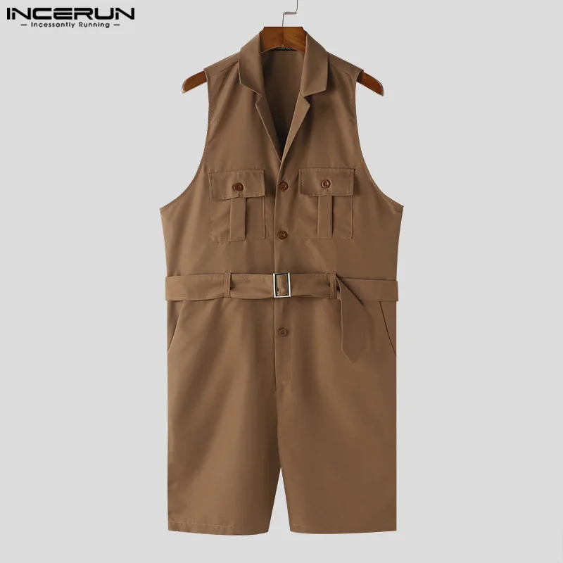 INCERUN 2024 Korean Style Rompers Men\'s Summer Stylish Jumpsuits Shorts Leisure Streetwear Solid Belt Sleeveless Bodysuits S-5XL