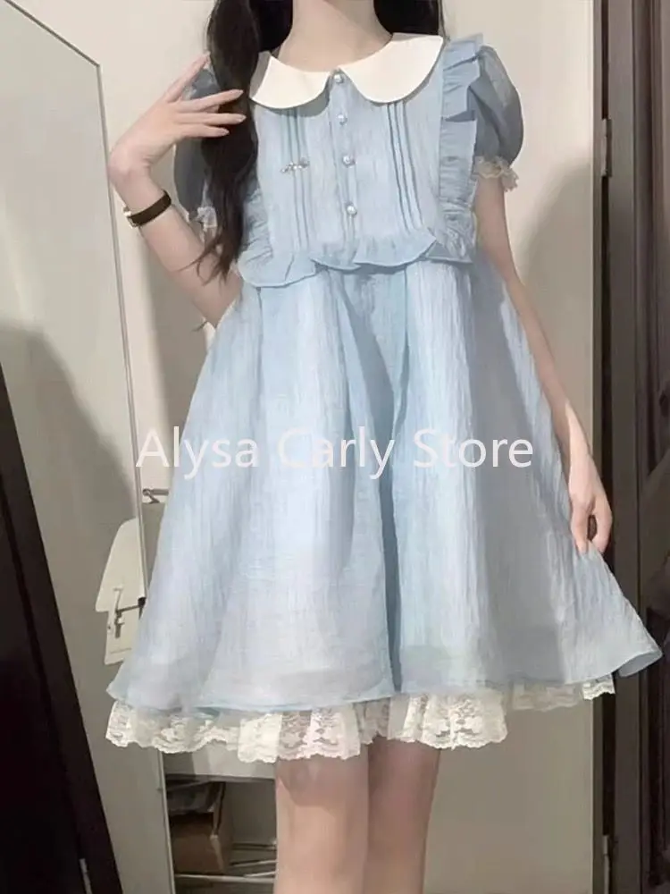 Sweet Lace Fairy Kawaii Dress Women Ruffles Korean Princess Party Mini Dress Female 2024 Summer Peter Pan Collar Casual Dresses