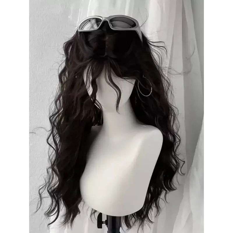 Fluffy Long Water Wave Synthetic Full Head Wig for Women, Lazy Wool Curls Dark Tea Brown Hair Wig for Daily Dating Party