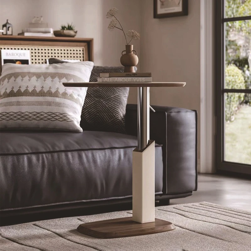 Stainless steel saddle leather solid wood, bedside removable computer table, living room Italian light luxury side table