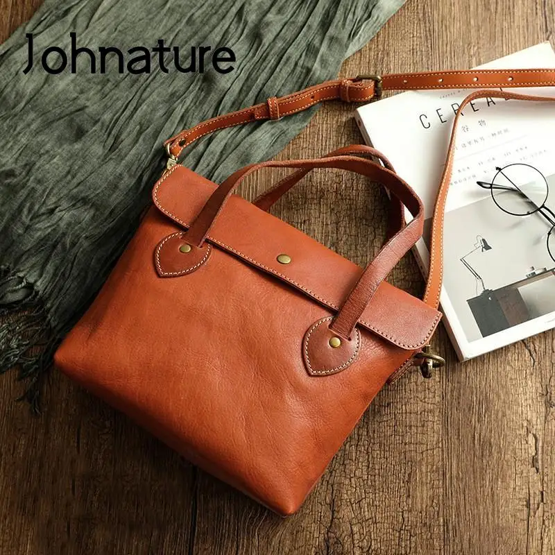 Johnature Borsa da donna semplice in vera pelle tinta unita Borsa versatile vintage Borse a tracolla per il tempo libero in vera pelle di vacchetta