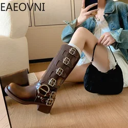 Winter New Woman Biker Boots Fashion Belt Buckle Ladies Long Boots Shoes Elegant Square Heel Women's Knight Bootties