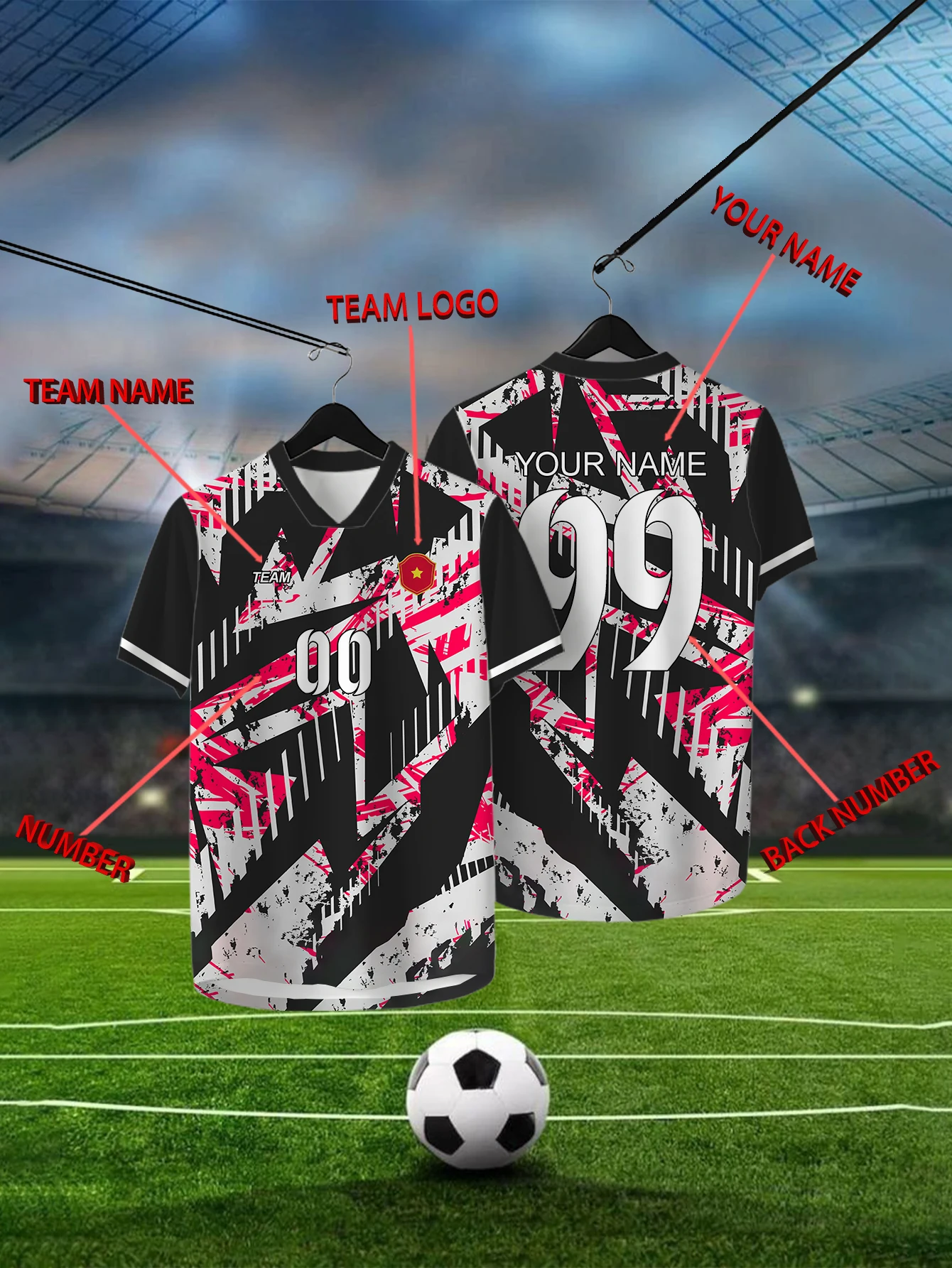

Customized Geometric Black Short Sleeved Shirt with Team Name, Emblem, Name and Number, Outdoor Sports Short Sleeved T-shirt