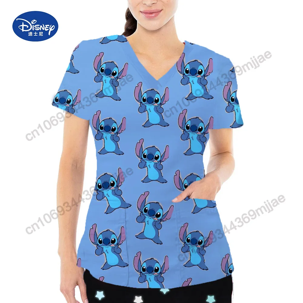 New Two-Pocket Design Women's T-shirts Cartoon Pattern Female Tops Y2k V-neck Short Sleeves Clothes for Women Summer Casual Tops