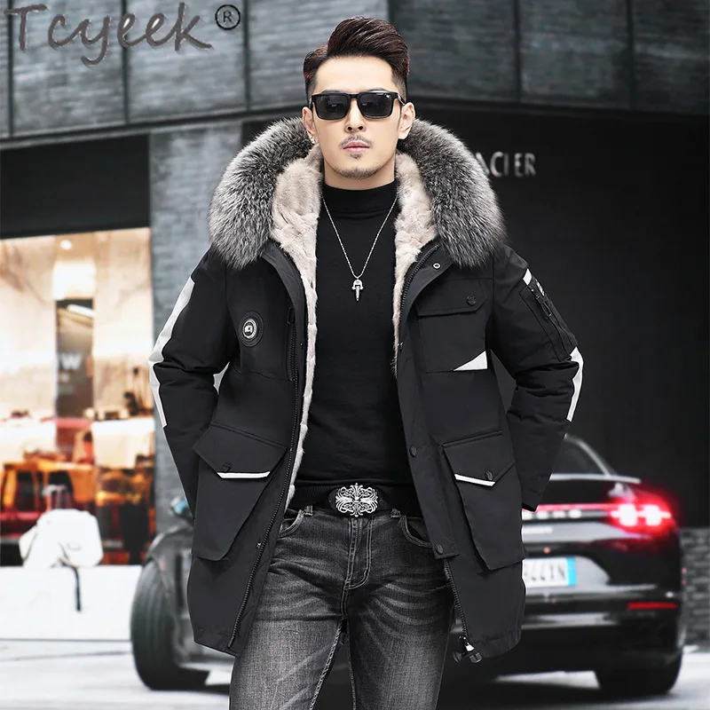 Tcyeek Real Mink Fur Coat Men Clothes Winter Jackets Mid-length Parka Warm Fox Fur Collar Mens Fur Jacket Coat New in Outerwear