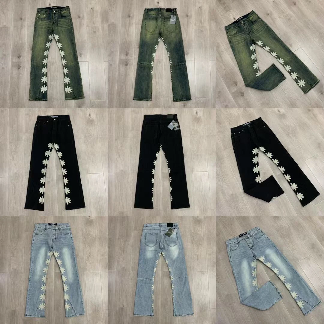 

Мужские джинсы Slim Fit с вышивкой и пэчворком, модные, с широкими штанинами, средней посадкой, повседневные, осенне-весенние, трендовые