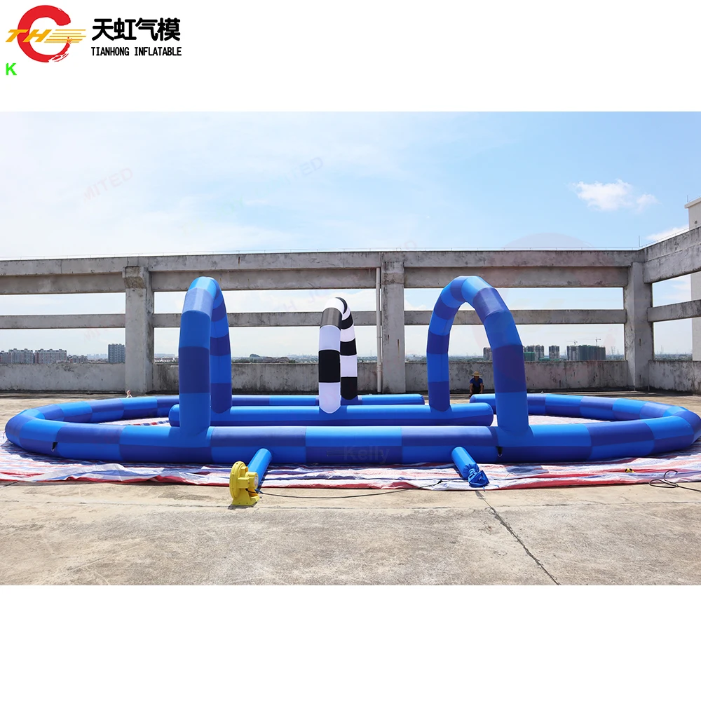 Pista de carreras de bola Zorb inflable azul, tela Oxford, pista de carreras de Gokart inflable con soplador, 12x6m, envío rápido por aire