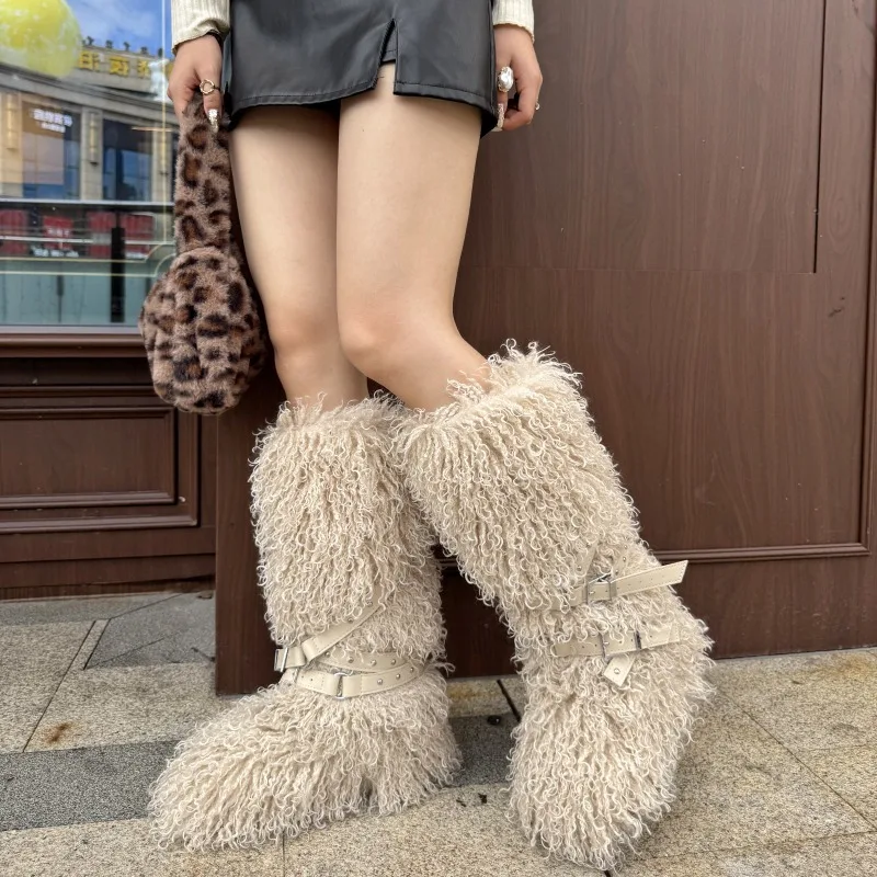 2025 New Designer Luxury Women Fluffy Real Fur High Tube Snow Boots Long Fur Mongolian Wool Boots Knee High Snow Boot view 4