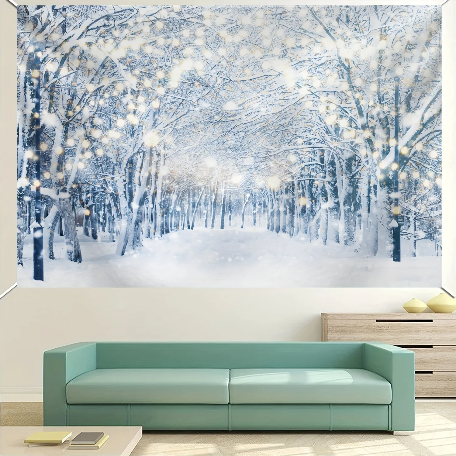 Winter Wonderland Snowforest Background Banner with Sparkling Scattered Light Effect, Universal Festival Party Decoration