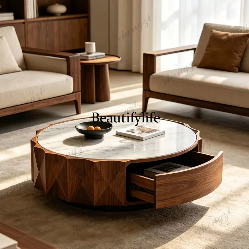 F181 Ash wood round rock slab coffee table Italian minimalist storage round coffee table all solid wood floor