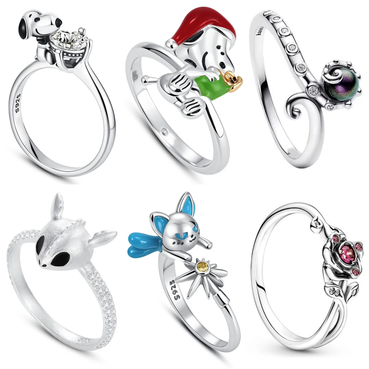Snoopy Christmas Rings New 925 Sterling Silver Size 6 7 8 9 Flower Ring Fashion Fine Jewelry Trinkets For Women Girl Gift