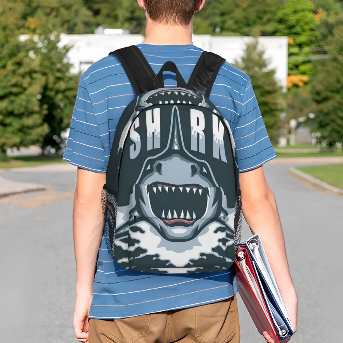 Hand Drawn Stylized Shark Cartoon Backpack Student BookBag Kids School Bag Laptop Shoulder Bags for Men Women