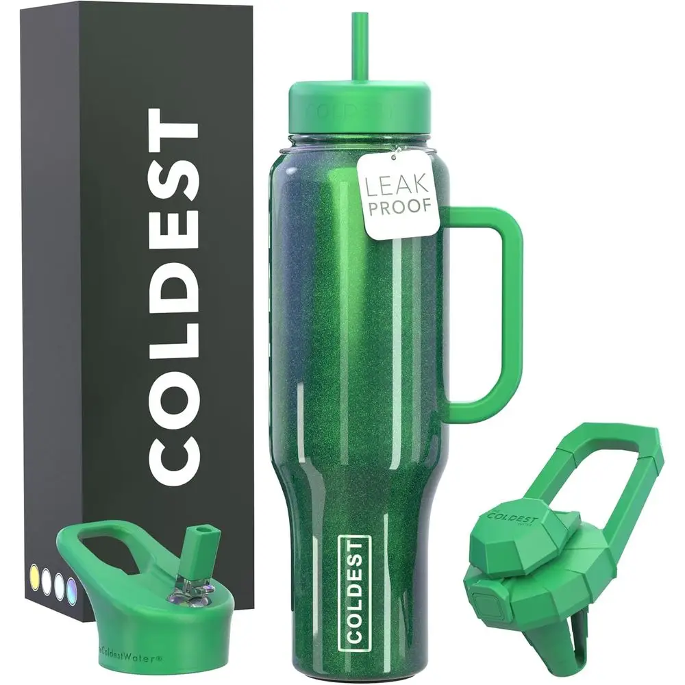 

Изолированный стакан с ручкой и соломинкой, герметичный, 3 крышки, нержавеющая сталь, 46 унций, зачарованный зеленый цвет