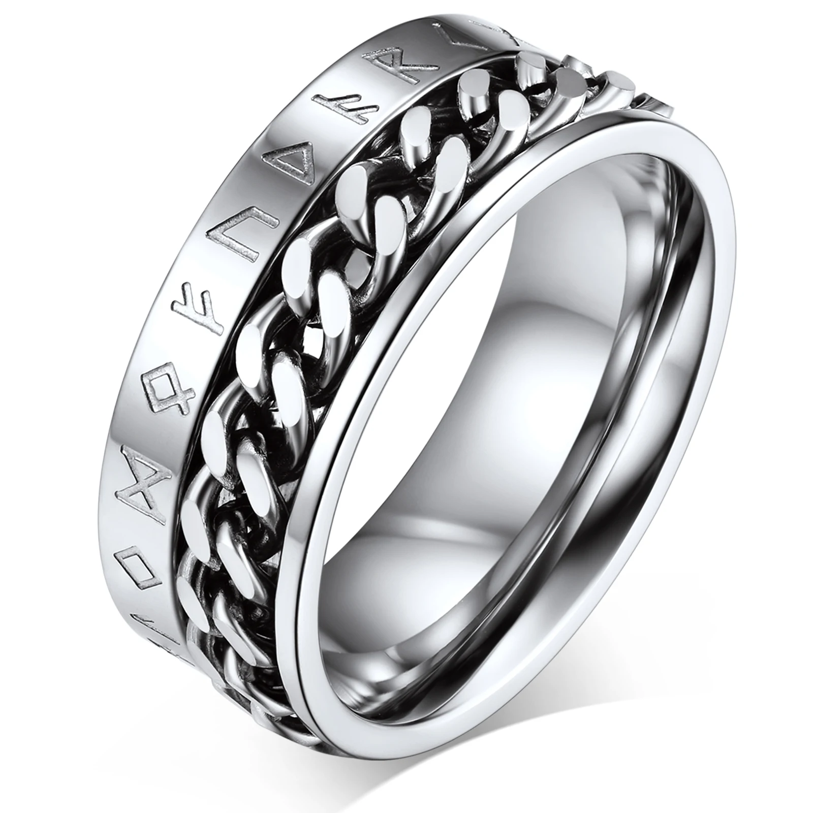 

ChainsPro Men Women Vintage Norse Viking Runes Curb Link Chain Spinner Ring Stainless Steel Rotatable Ring CP711