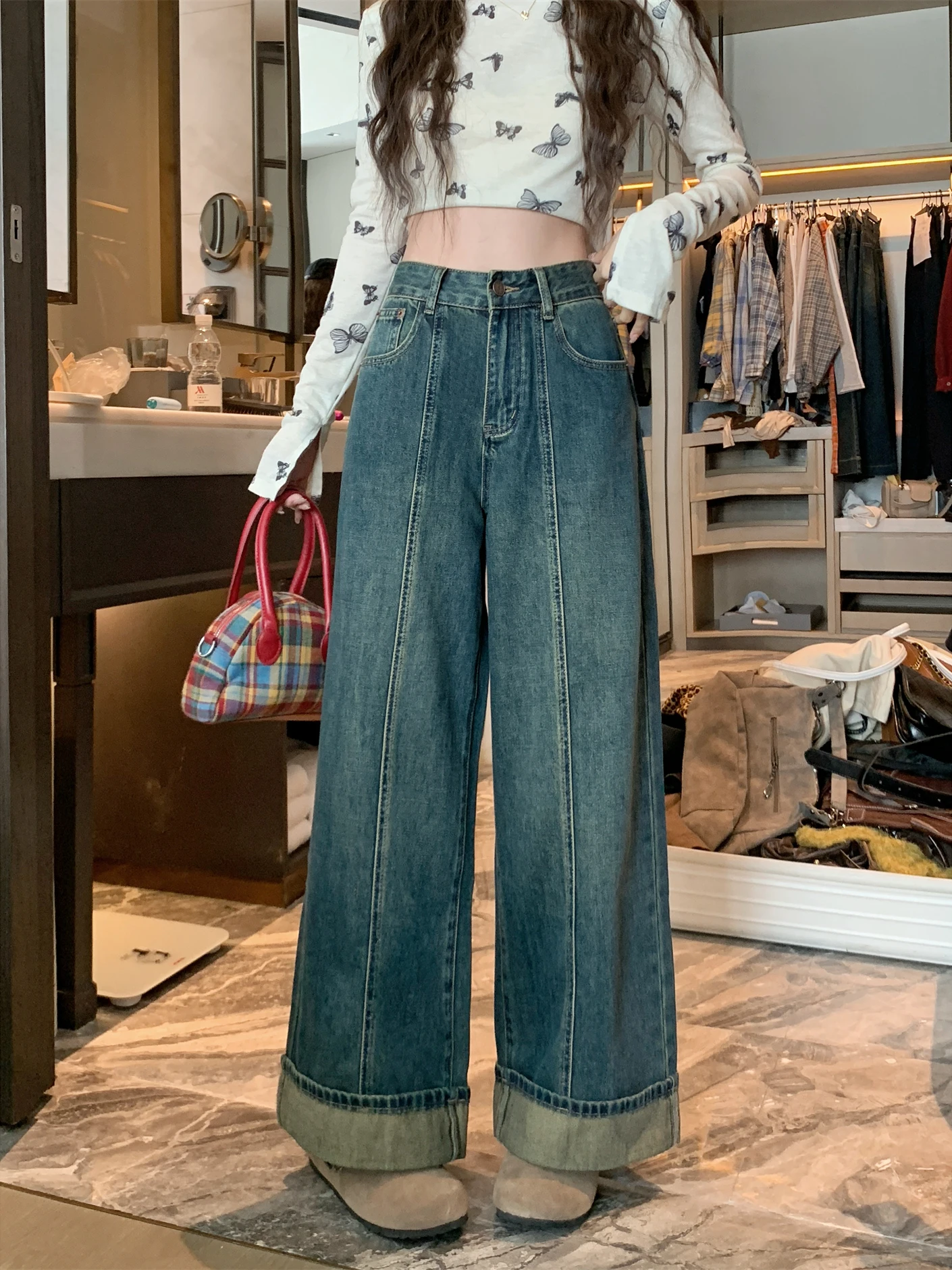 

plus Size Casual High Waist Straight Leg Jeans Women's High Waist Patchwork Nine-Tenths Length Flared Pants Comfortable Vintage
