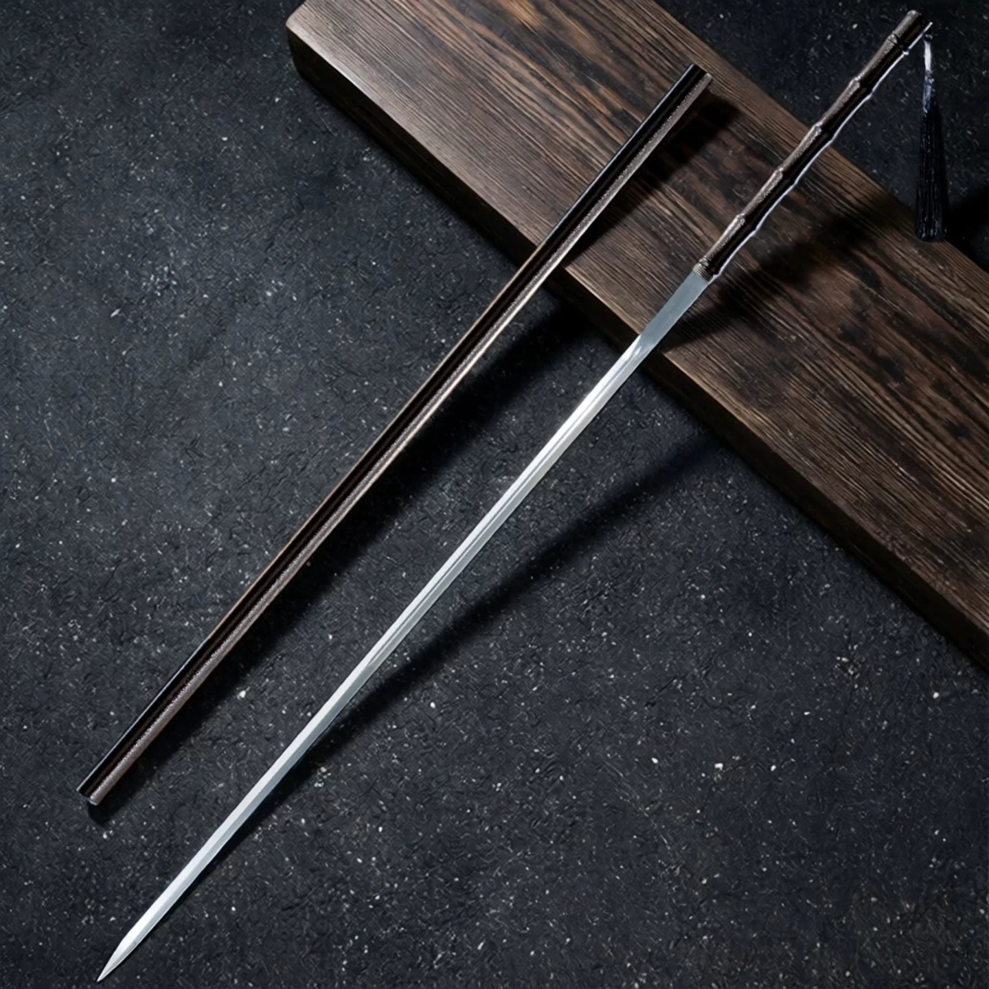 Dark‑Ink Reversible Slim Chinese Sword 101cm Total Length Decorative Collectible Art Ornament Black Textured Handle Free Stand