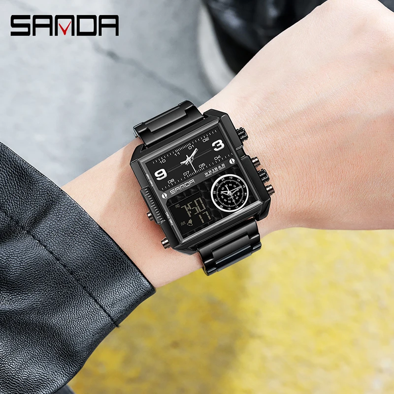 2023 SANDA 6023 Casual Personality Business Men\'s Watch Fashion Square Electronic Watch Cool Stainless Steel Luminous Watch