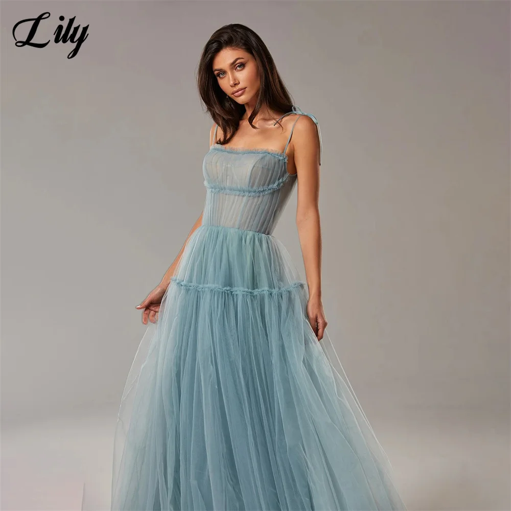 Lily Pink Prom Dresses Spaghetti Strap Celebrity Dresses Pleat Sweetheart Women\'s Evening Dress Net A Line Formal Gown 프롬 드레스