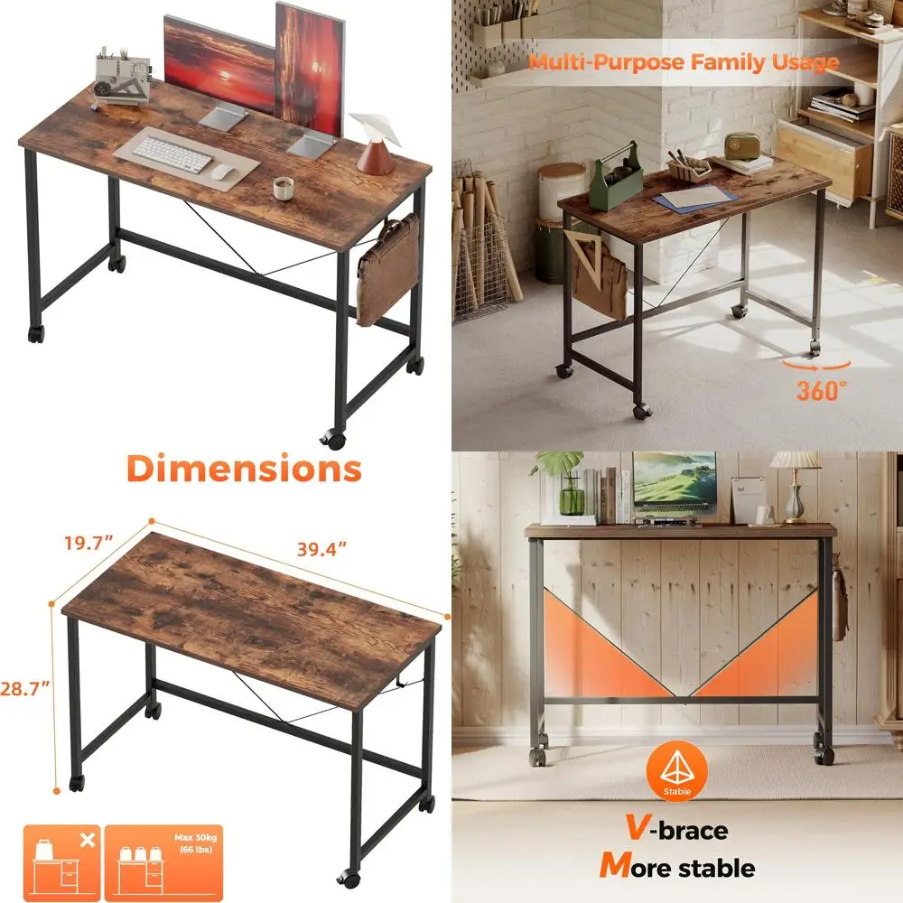 Escritorio compacto para juegos con ruedas para espacios pequeños, mesa de escritura minimalista moderna para oficina en casa y estudio