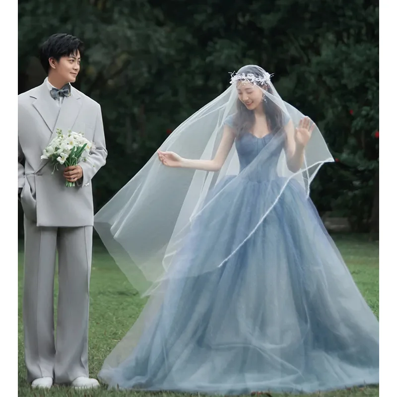 

Caisha 2025 New Forest Blue V-neck Sleeveless Wedding Dress Banquet Gradient Cake Dress Strap Dance Evening Dress Customized