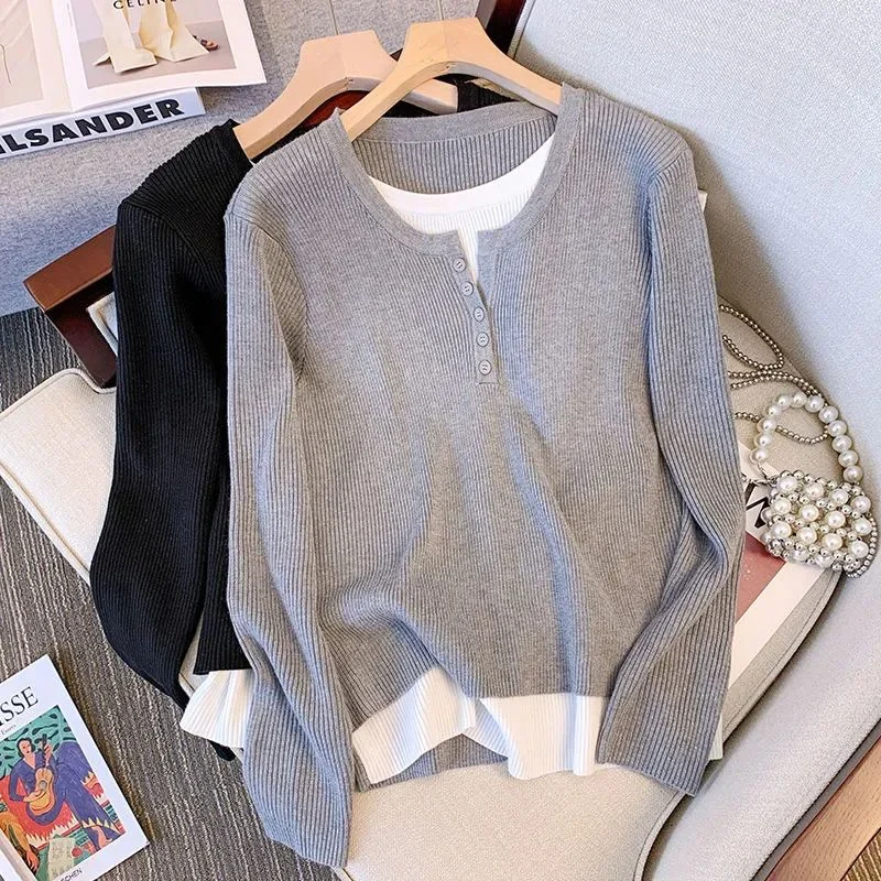 Fake Two Piece Long Sleeve T-shirts Women Korean Style Tender Simple Inside New Autumn Basic Clothes Female All-match Harajuku