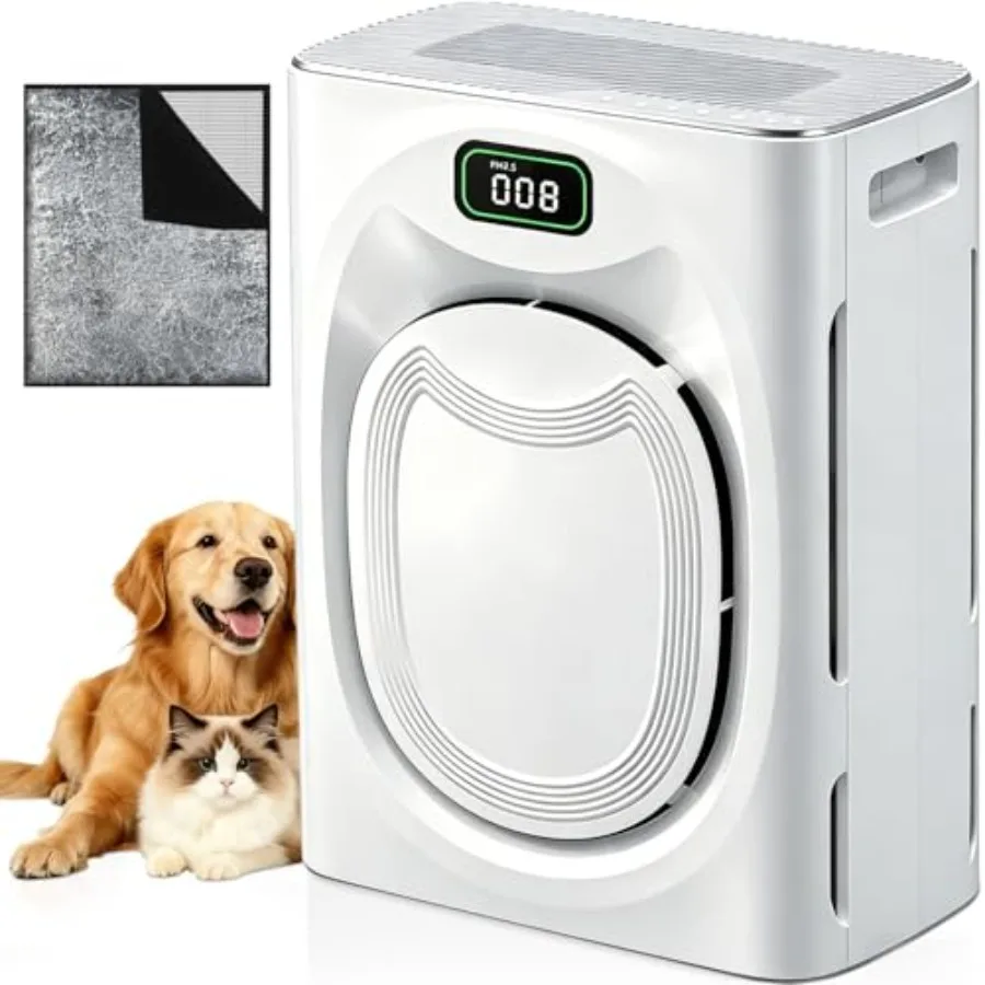

Pet Air Purifier for Large Rooms up to 2500 Ft, Washable Pre-Filter, H13 HEPA, PM2.5 Monitor, Auto Mode, Smart WiFi White, ABS
