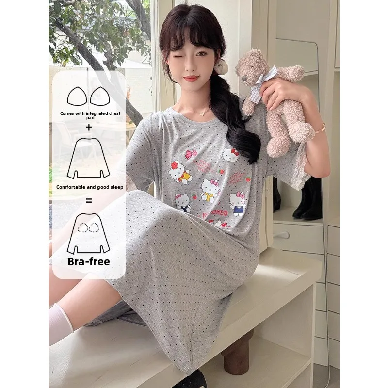 

New Hello Kitty short-sleeved dress cartoon pure cotton casual women's loungewear cute gray with chest pad Hello Kitty pajamas