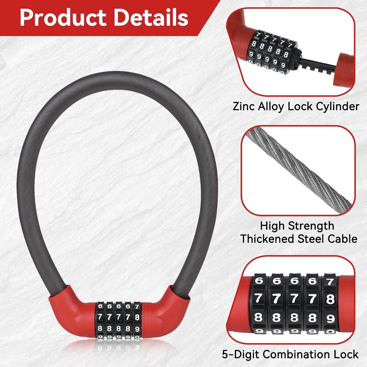 5-Digit Combination Bike Cable Lock, 22inchLb, Lightweight Bike Lock, Anti-Theft, Resettable Combination Bike Portable Cable Lock, Red, Black.