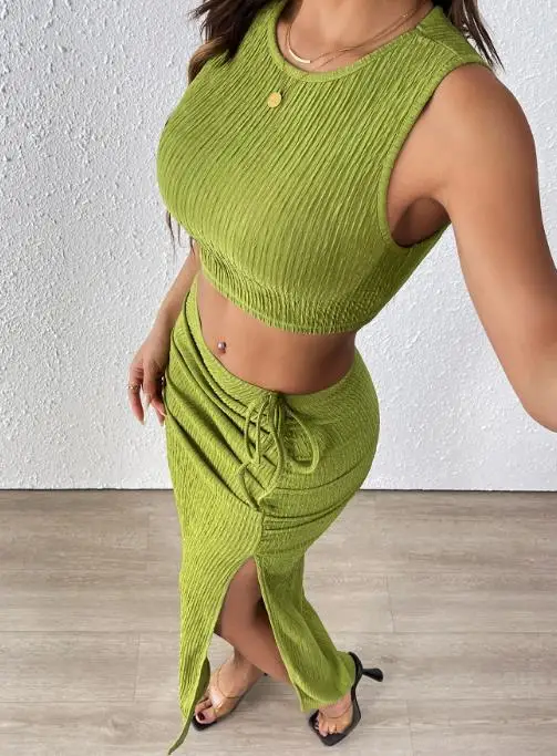 

Drawn Pleat Texture Split Set 2025 Summer New Sleeveless Dopamine Vest Women's Two Pieces Set