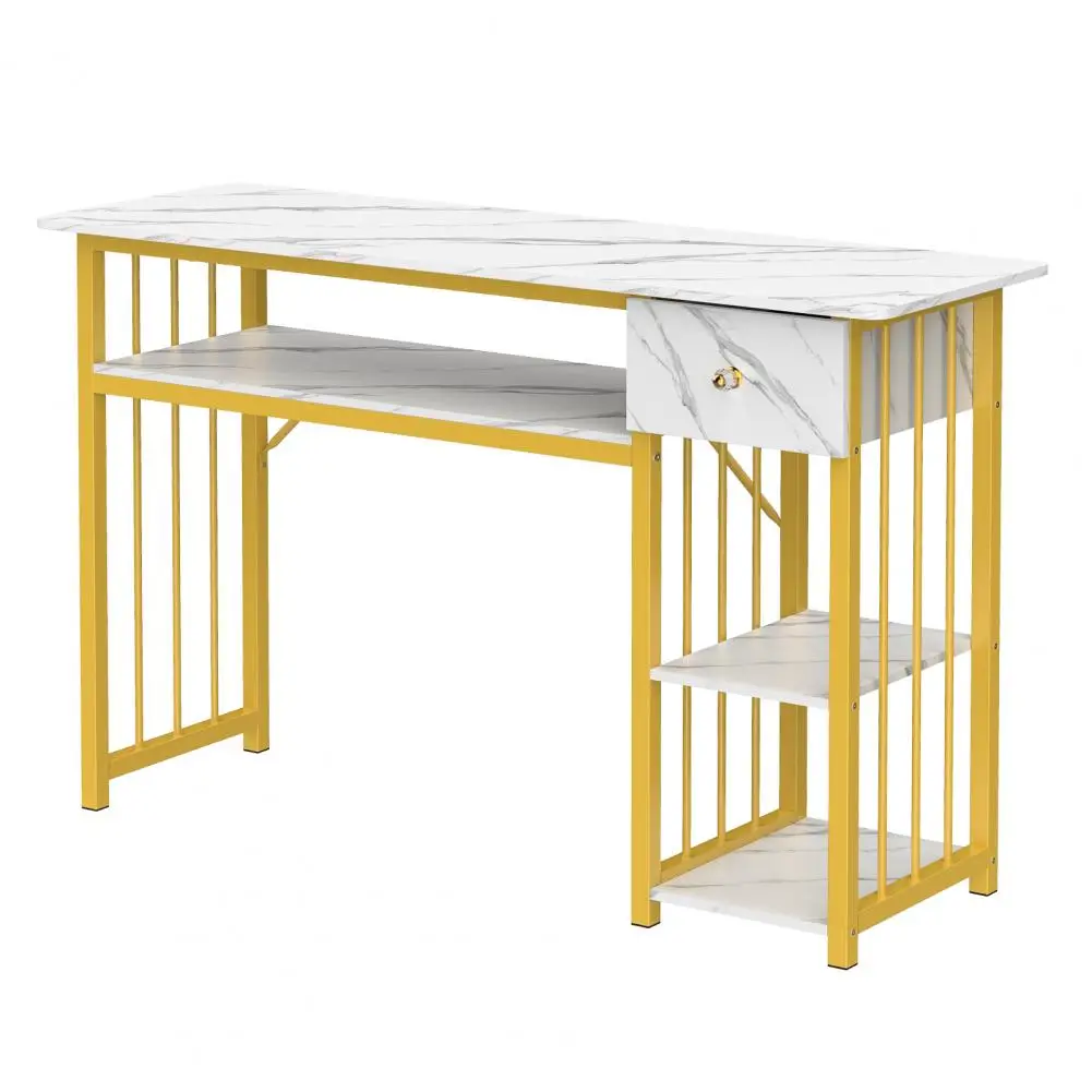 3-Tier Manicure Table with 1 Drawer And 2 Large Tops Marble Textured Nail Desk with Gold Metal Frame Thick Plates for Salon Home