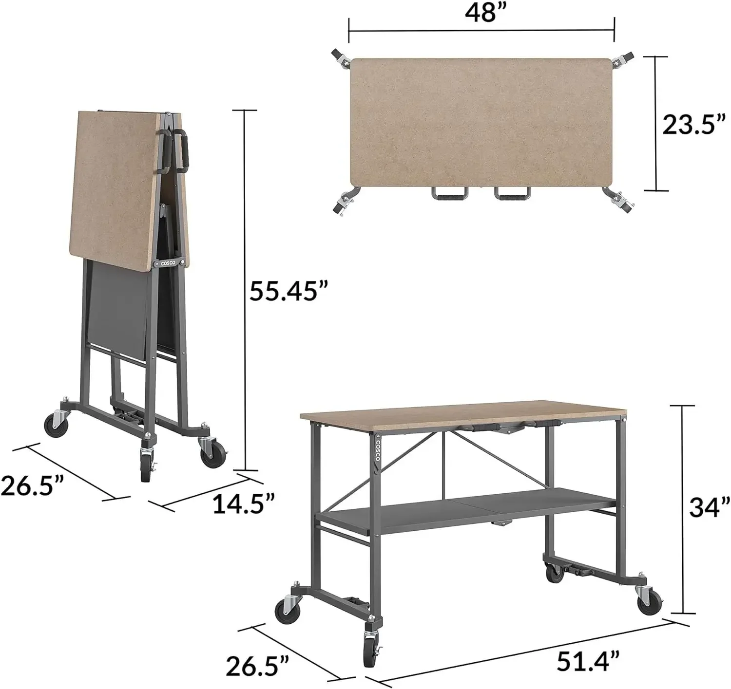 Portable Workbench/Folding Utility Table with Locking Casters, 600 Lb. Capacity, MDF Top