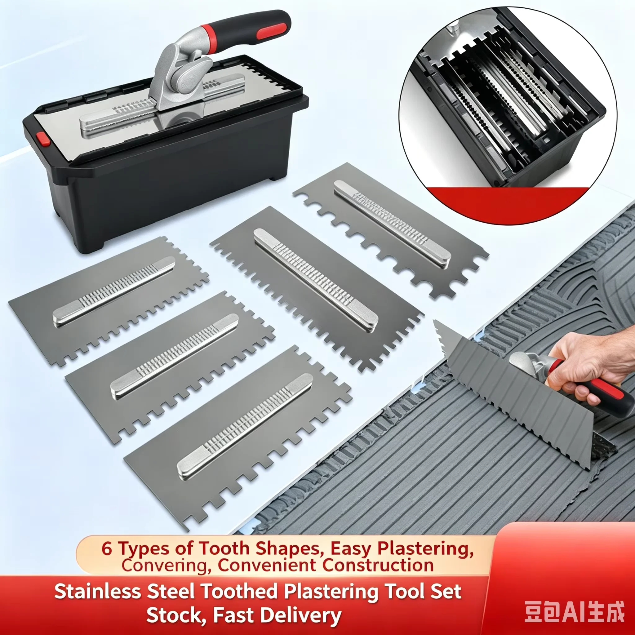Multi-size Stainless Steel Mud Scraper Set Tile Trowel Tool Kit with Rubber Handle & Storage Tool Box for Tile Installation